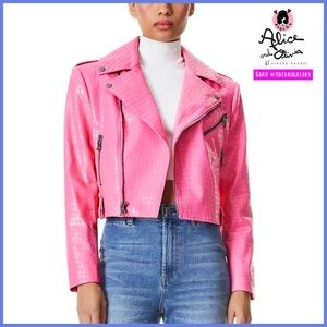 Alice + Olivia Cody Pink Vegan Leather Croc Moto Jacket